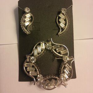 Antique Sterling Art Deco Rhinestone Filigree Brooch and Screw Back Earrings.